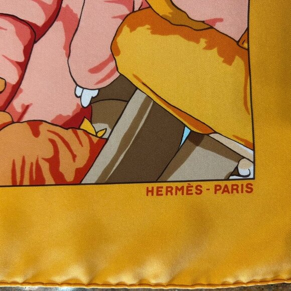 Hermes Silk "Marche Flottant Du Lac Inle II" Scarf Tangerine Color w Blue - Picture 2 of 16